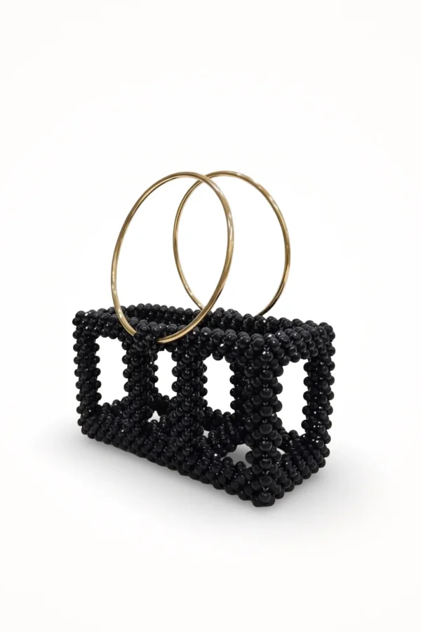 Elegant black double square beaded handbag with polished gold handle