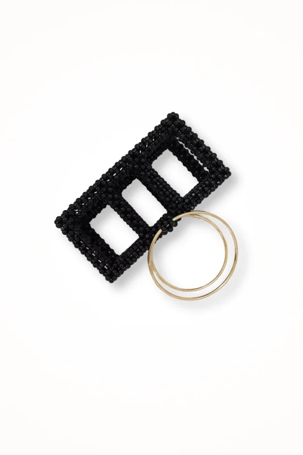 Luxury handcrafted black beaded handbag with gold handle and square design