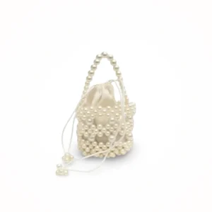 Stylish White Pearl Potli Round Bag with matching beaded handle and fabric pouch – perfect for weddings and festive events.