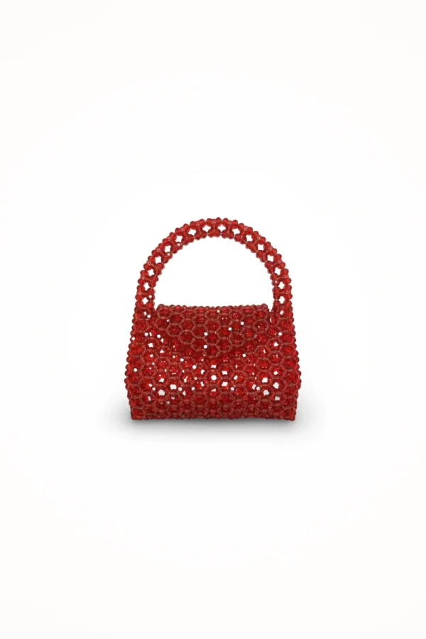 Elegant red beaded bag featuring dazzling crystal details