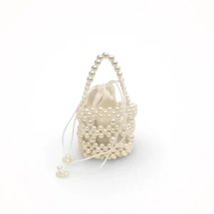 Stylish White Pearl Potli Round Bag with matching beaded handle and fabric pouch – perfect for weddings and festive events.